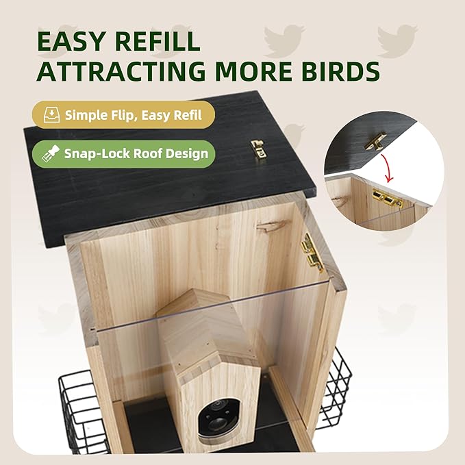 Solution4Patio Wood Solar Powered Bird Feeder with Camera - AI-Powered Bird Identification with Smart Squirrel Alarm, Weatherproof Outdoor Birdfeeder with Suet Baskets for Children & Elderly