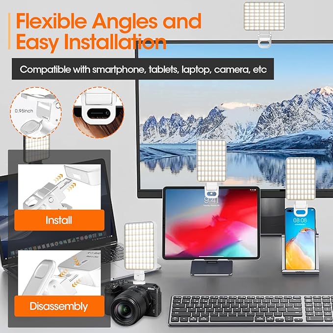 Magnetic Selfie Light, Portable Phone Light Clip, Rechargeable Ring Light for Video Recording, Conference, Live Streaming, TikTok, Makeup, Compatible with iPhone, Laptop, and Camera, White