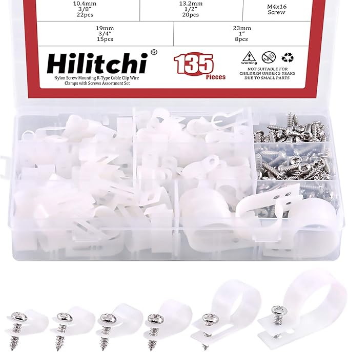Hilitchi 135 Pcs 6 Sizes White Plastic Cable Clamp R Type Screw Mounting Cord Fastener Cable Clips Assortment Kit with Screws for Wire Management Cable Conduit (Clips from 6mm to 23mm)