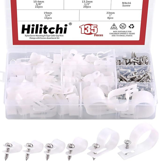 Hilitchi 135 Pcs 6 Sizes White Plastic Cable Clamp R Type Screw Mounting Cord Fastener Cable Clips Assortment Kit with Screws for Wire Management Cable Conduit (Clips from 6mm to 23mm)