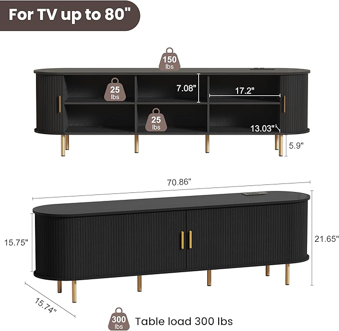 DHH 70 inch Tv Stand Cabinet with Storage,Fluted Tv Console Entertainment Center with Storage Adjustable Shelves, Modern Vintage with Sliding Doors tv Stand for Living Room (Black, 70 Inch)