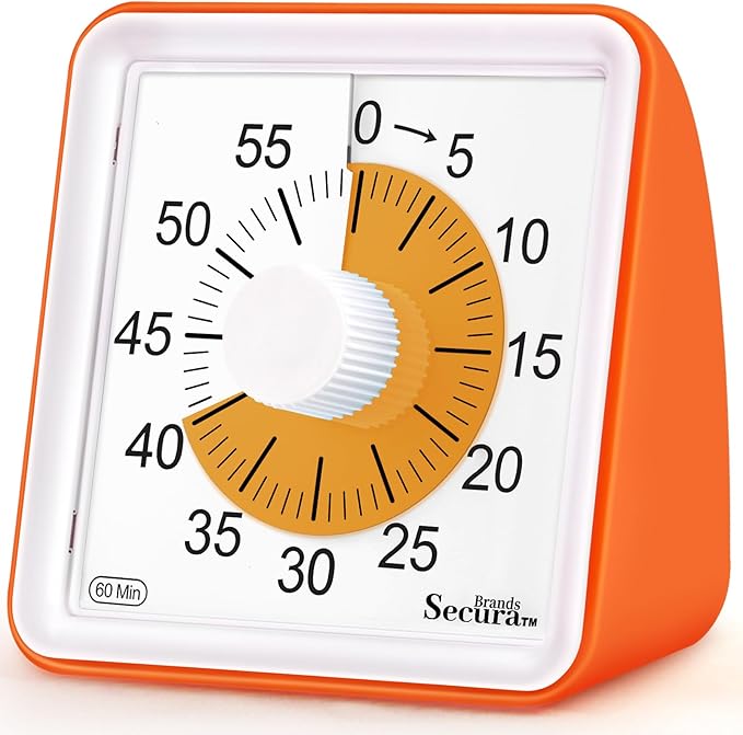 Secura 60 Minute Essential Visual Timer for Kids, Countdown Clock Timer for Special Education, Classroom, School, Desk, Home, Office, Silent Non-Ticking Time Management Tool (Orange & Orange)
