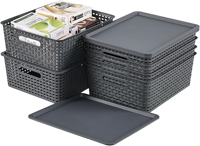 6 Pack Plastic Woven Storage Baskets with Lids, Lidded Organizer Baskets, 13.97" x 11.6" x 5.3", Grey