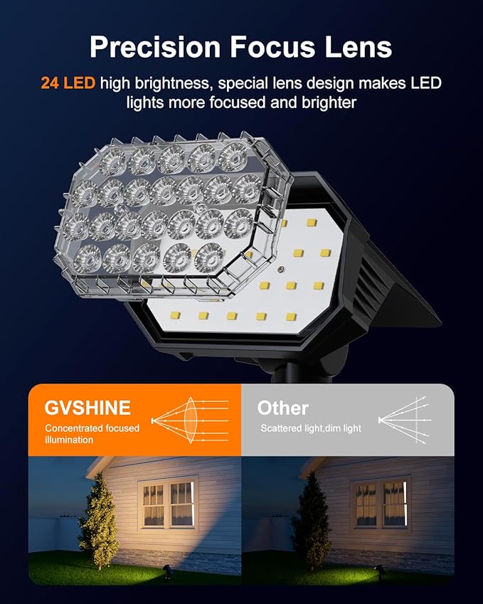 6 Pack Solar Powered Outdoor Spot Lights Outside Landscape Waterproof 24 LEDs Spotlights Dusk to Dawn for House Yard Tree, Backyard, Path, Garden, Statues, 3 Modes Accent Lighting (Warm White)