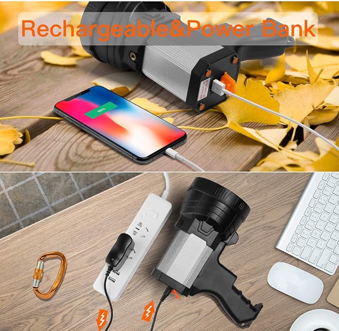 BUYSIGHT Rechargeable Spotlight,1000,000-Lumen Spot Lights Hand held Large Flashlight Handheld Spotlight Lightweight and Super Bright Flashlight (Aluminium_Alloy Silver)