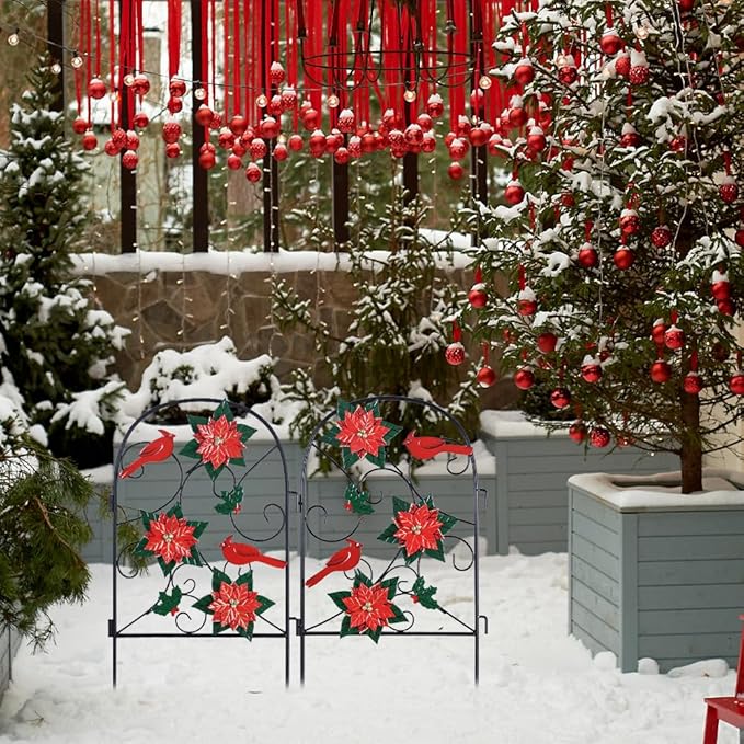 hogardeck Outdoor Christmas Decorations, 2 Pcs Metal Fence Floral Decorative Garden Stakes with Poinsettia Red Birds for Christmas Decor, Yard Signs for Garden Lawn Patio Home