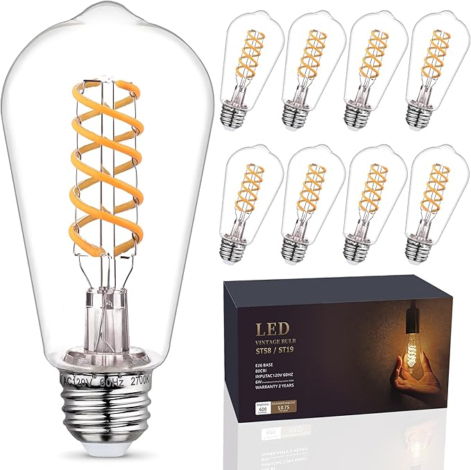 8 - Pack Dimmable Vintage LED Edison Bulbs, E26 LED Bulb 60 Watt Equivalent, Warm White 2700K, ST19/ST58 Antique Spiral Filament Decorative Light Bulb.
