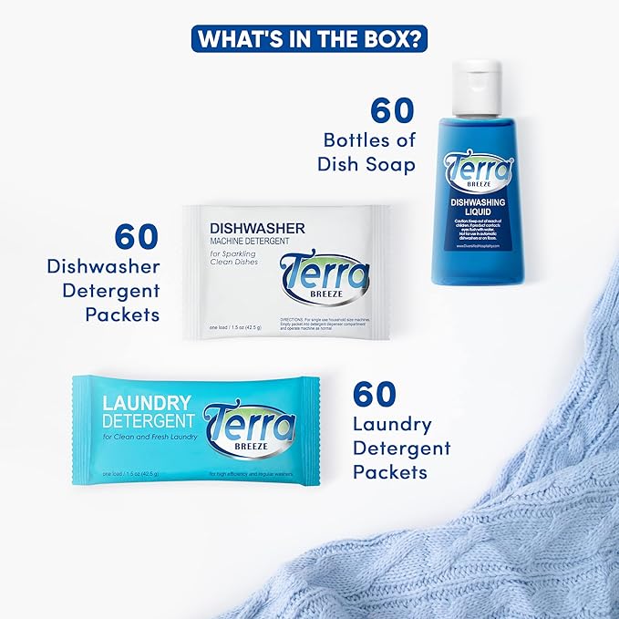 Travel Laundry Detergent & Dish Soap | Terra Breeze 1-Shoppe Amenities Kit | Dish Soap, Laundry Soap | 180 Pieces