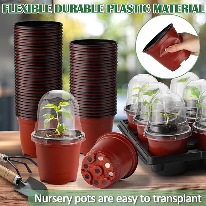 4 Inch 60 Pack Nursery Pots with Humidity Domes & 5 Pack 12 Cell Round Seedling Pot Carrying Trays, Sturdy Seeds Starter Pot Germination Set, Small Planter Nursery Propagation 5 Sets