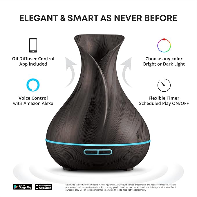 Smart WiFi Wireless Essential Oil Aromatherapy 400ml Ultrasonic Diffuser & Humidifier with Alexa & Google Home Phone App & Voice Control - LED & Timer Settings Dark Brown