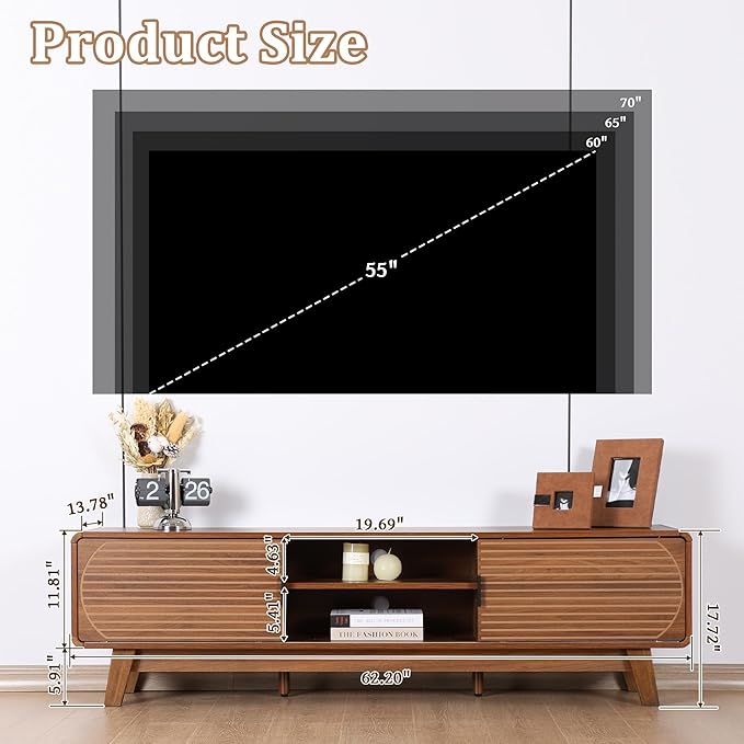 Mid Century Modern TV Stand for 55/60/65 Inch TV, 63" TV Console Table with Fluted Sliding Doors, Entertainment Center and Media Console Cabinet with Storage for Living Room (Walnut)