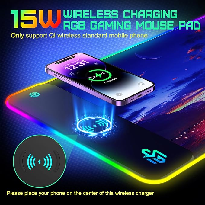 GIM Wireless Charging RGB Gaming Mouse Pad 15W, LED Mouse Mat 800x300x4MM, 10 Light Modes Extra Large Mousepad Non-Slip Rubber Base Computer Keyboard Mat for Gaming, MacBook, PC, Laptop, Desk（Sunset）