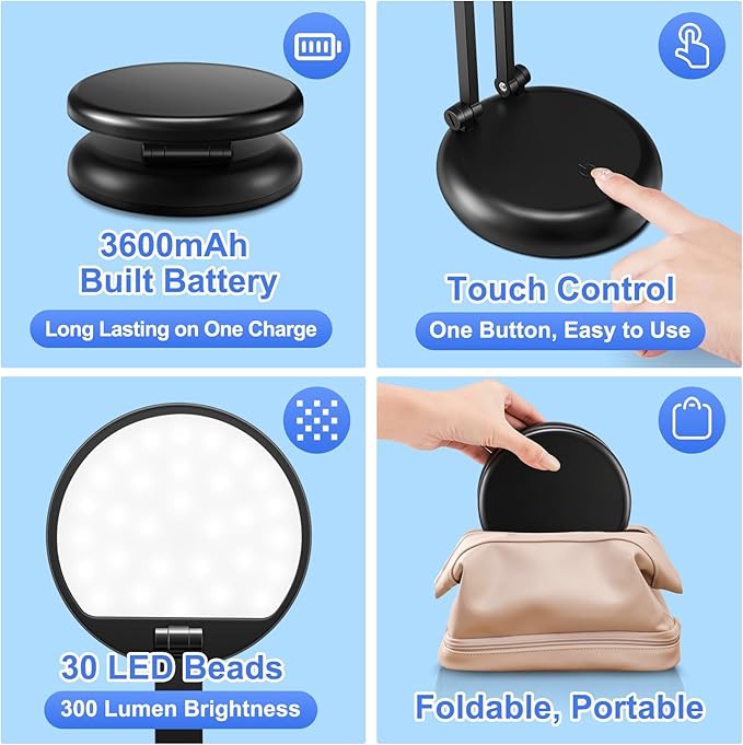 Small Desk Lamp for College Dorm Room Rechargeable 3600mAh, Foldable+Cordless Table Lamps Battery Powered Lights, Portable & Dimmable Desk Lamps for Home Office, 9 Brightness LED Desk Light Dorm Lamp