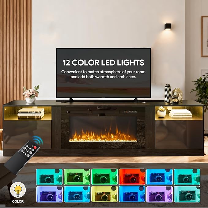 90” TV Stand with 50” WI-FI Electric Fireplace, Large Modern Media Entertainment Center with Storage Cabinet and 12 Colors LED Lights for TVs Up to 100",All Black