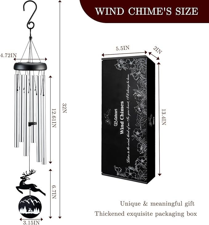 Wind Chimes for Outside, 32" Memorial Wind Chimes for Loss of Loved One Mother Father, Memorial Sympathy Gift Outdoor Garden Patio Decor, Deer Xmas Decorations (Silver)