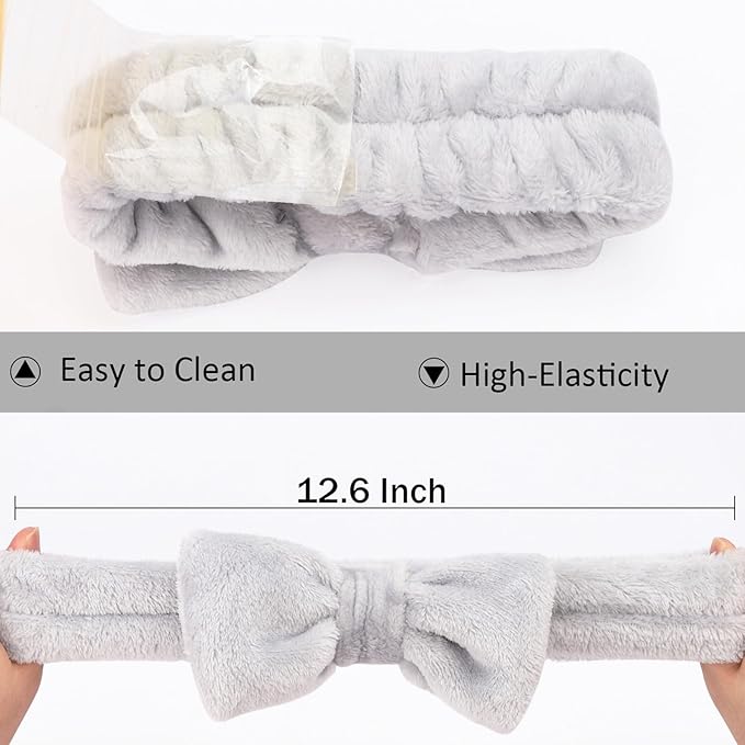 Ondder Spa Headband for Washing Face 8 Pack Gray Skincare Headbands for Women Girls Terry Cloth Cute Bow Head Bands