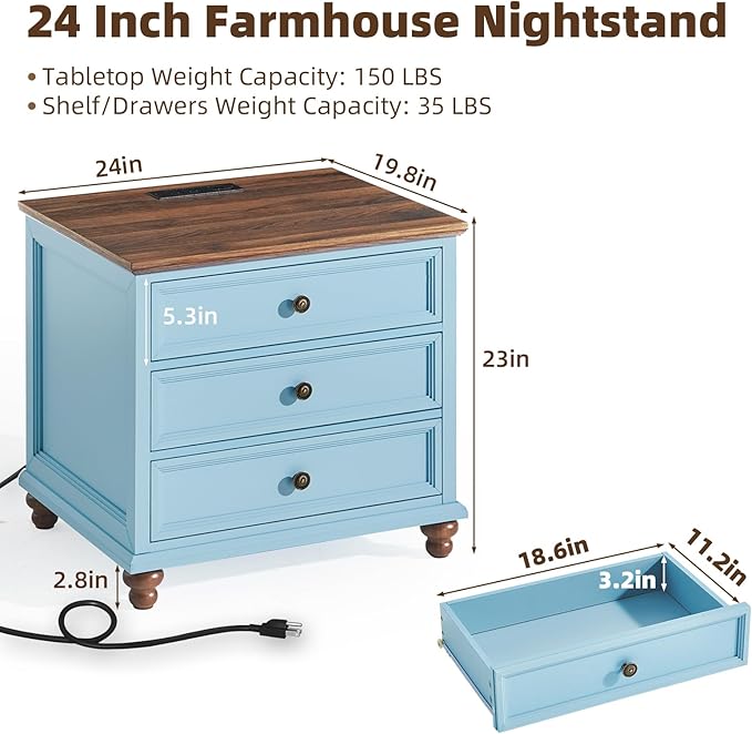 Farmhouse Nightstand Set of 2 with Charging Station, 24" Wide End Table with 3 Drawers,Dresser for Bedroom,Bed Side Table Chest of Drawers Cabinet,Wood Light Blue Night Stand for Living Room