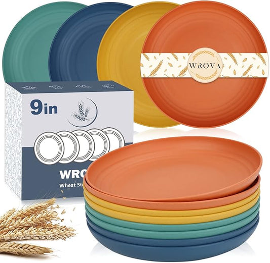 Wheat Straw Plates - 9 Inch Unbreakable Dinner Plates Set of 8 - Dishwasher & Microwave Safe Plastic Plates Reusable - Lightweight Plates for kitchen,camping (Colorful Series)