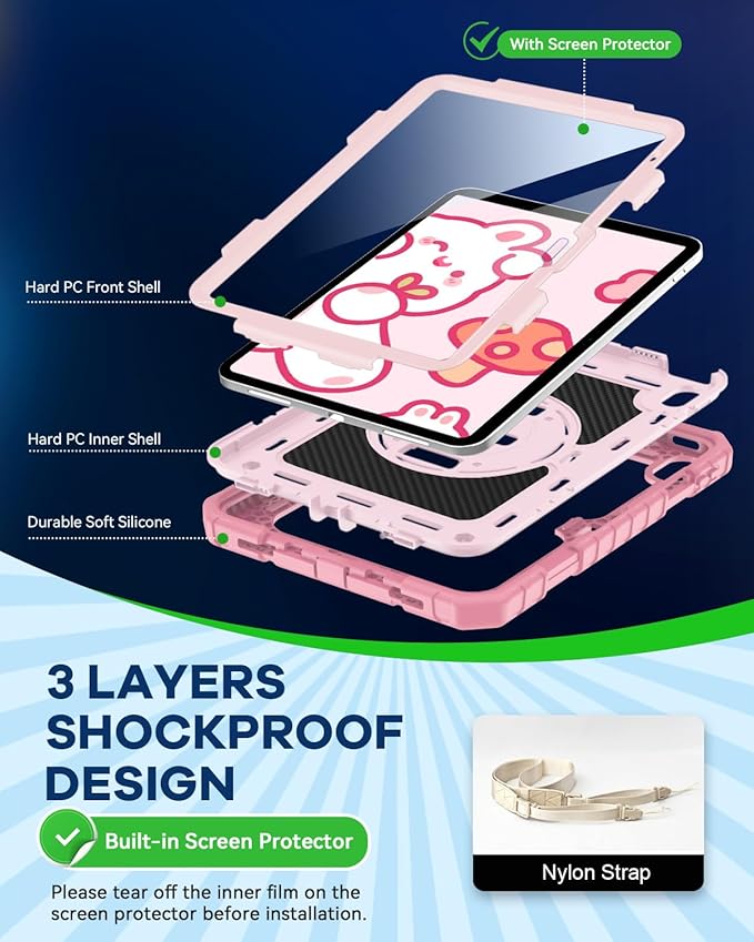 Cantis Case for iPad 11-inch (A16) 2025/ iPad 10th Generation 2022 (10.9 inch) with Screen Protector, iPad 11th Case with 360 Degree Rotating Stand/Shoulder Strap/Pencil Holder, Pink