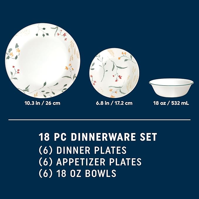 Corelle Vitrelle 18 Piece Glass Dinnerware Sets Service for 6, Triple Layer Chip & Crack Resistant Glass Plate and Bowl Sets, Wildflower