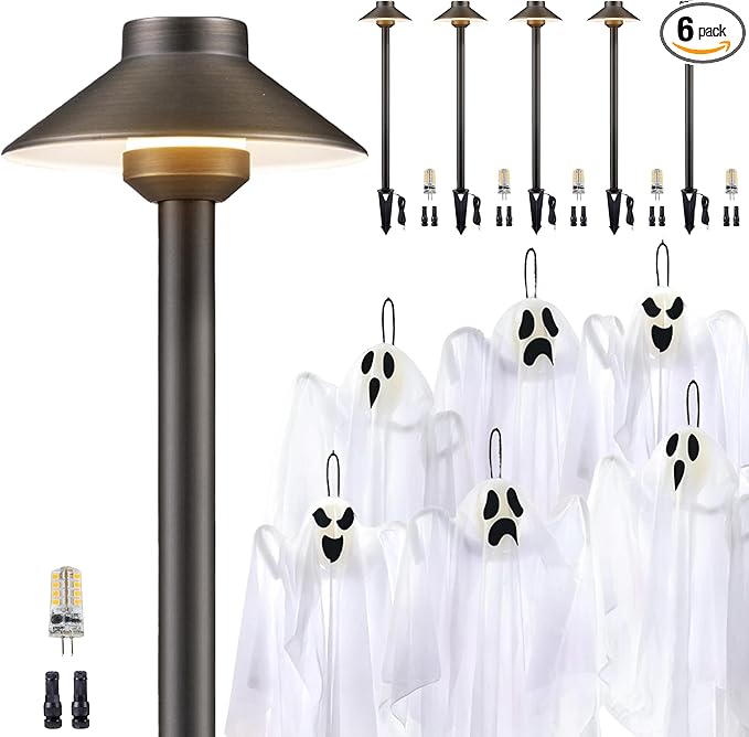 Halloween Low Voltage Brass Pathway Light Kit (6 Path Lights, 6 Hanging Ghost) LED Landscape Decor, Garden Lighting Outdoor Waterproof IP65, 12V Wired for Yard Party with 2700K G4 Bulb