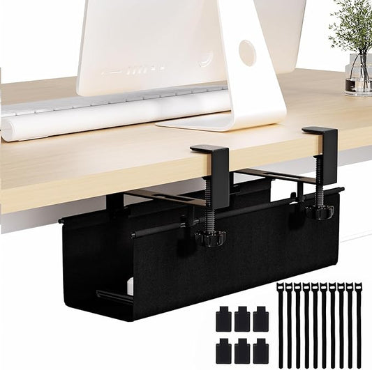 Under Desk Cable Management Tray 15.7" - No Drill Computer Wire Organizer Cable Tray, Fabric Cord Hider Clamp Mount, with 16X Cable Ties PC Cables Management Cord Holder for Office/Home (Black)