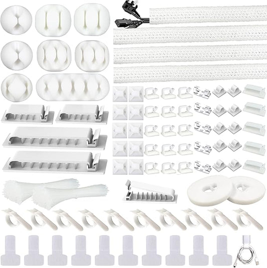 White Cable Management Organizer Kit 4 Cable Sleeve Split,47Cable Clips 12Cord Clips Holder,22 Cable Ties, 20 Adhesive Wall Cable Tie, 200Fasten Cable Ties for TV Electronics
