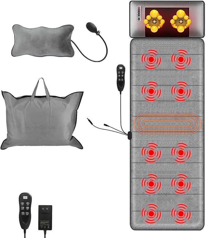 Full Body Massage Mat with Heat, Electric Vibration Back Massage Pad with Shiatsu Detachable Neck Massage Pillow for Pain Relief, 10 Vibration Motors, 3 Heating Levels, Gifts for Men, Women