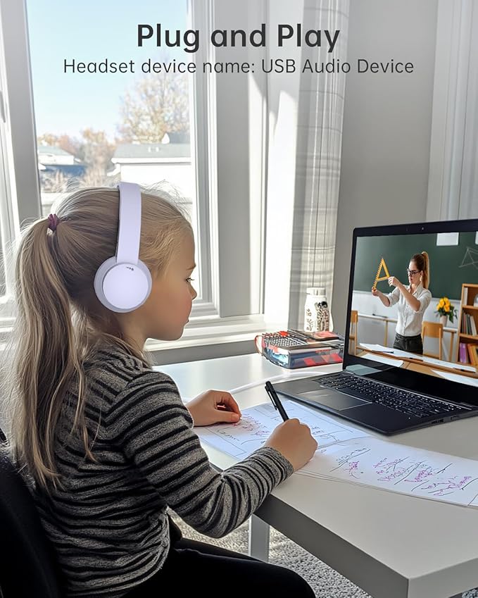 USB Headset with Microphone for PC, Wired Headphones with Mic USB Headset with Noise Cancelling Microphone, Computer Headsets with Microphone for Home Office Online Class Teams Skype (White)