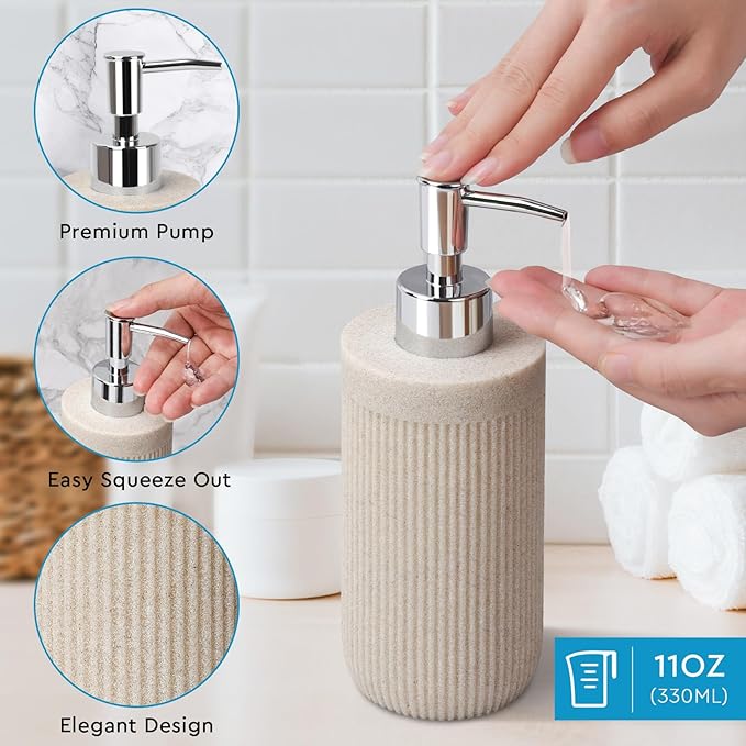 Bathroom Accessory Set 5Pcs- Lotion Soap Dispenser,Toothbrush Holder,Qtip Holder Dispenser,Vanity Tray and Soap Dish-Modern Bathroom Decor Vanity Countertop Organizer,Beige