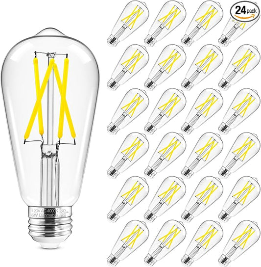 Hizashi Vintage LED Edison Bulb Dimmable, 6W Equivalent 60W, 4000k Neutral White, 700LM, E26 Base Light Bulbs, High CRI 95+ Eye Protection, Clear Glass, Pack of 24