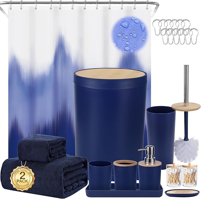 iMucci Bathroom Accessories Bathroom Sets with Shower Curtain, Bath Towel Set, Trash Can, Toilet Brush, Soap Dispenser, Bathroom Accessories Set Complete