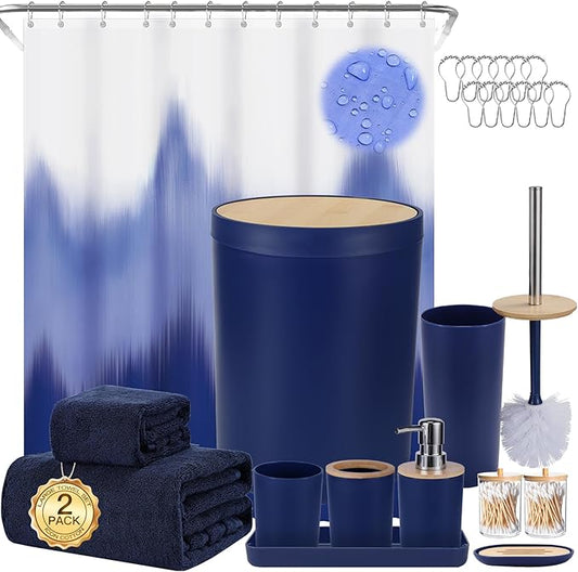 iMucci Bathroom Accessories Bathroom Sets with Shower Curtain, Bath Towel Set, Trash Can, Toilet Brush, Soap Dispenser, Bathroom Accessories Set Complete