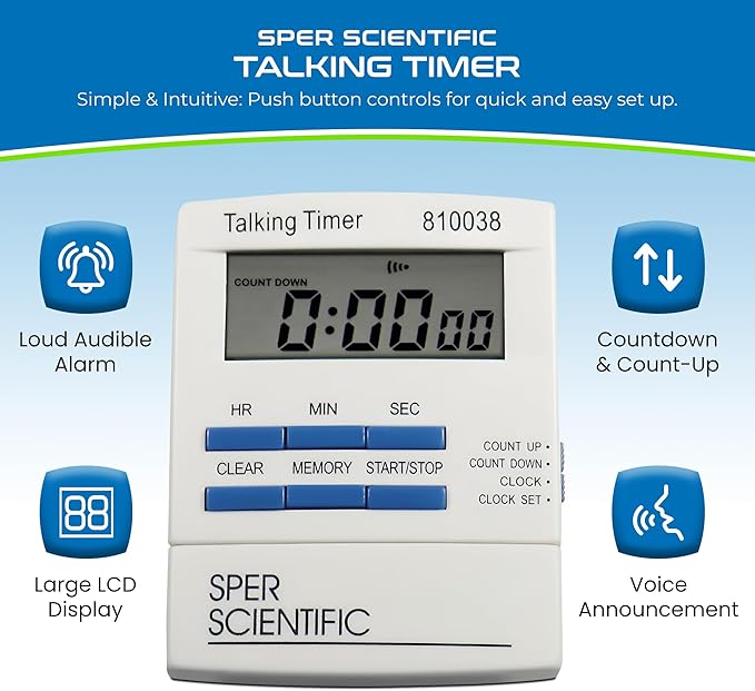Sper Scientific Talking Timer with Audible Countdown Voice Announcements 810038 - Large LCD Display, Hands-Free Timer with Loud Alarm & Memory Recall - Perfect for Cooking, Labs, Fitness & more - 2 pc