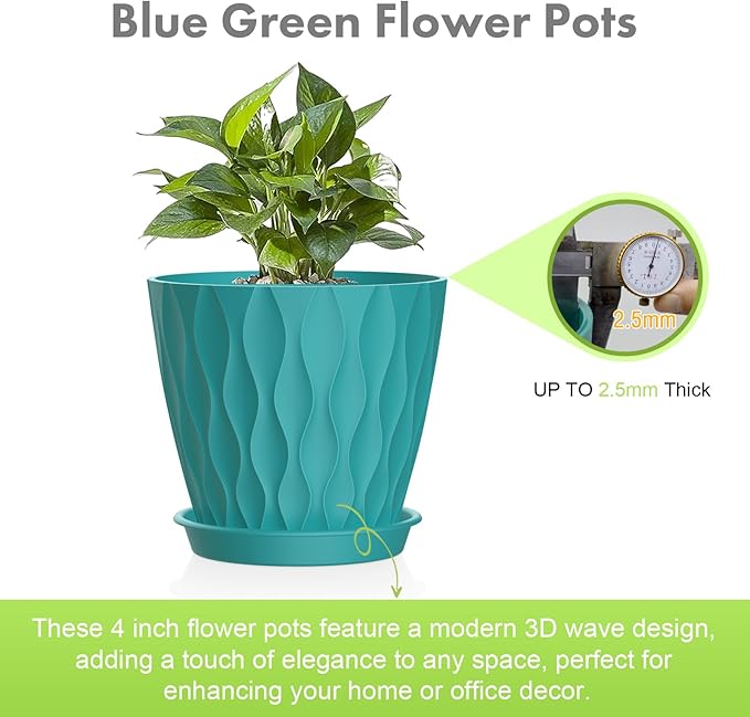 4 inch Small Plastic Nursery Pots, 5 Pack Water Ripples Flower Pots for Indoor Plants, Plant Pots with Drainage Holes and Saucers, Seedling Starter Planters for House Plants, Blue Green