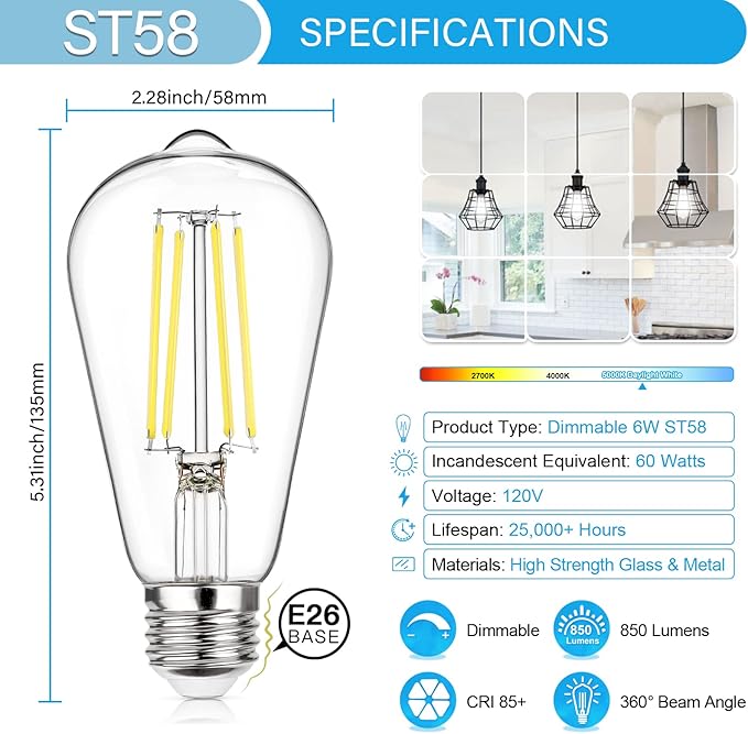 MAXvolador Vintage LED Edison Bulb Dimmable 60W Equivalent 850 Lumens, 6W Edison Light Bulbs 5000K, Antique ST58 LED Filament Bulb E26 Base, Pack of 4