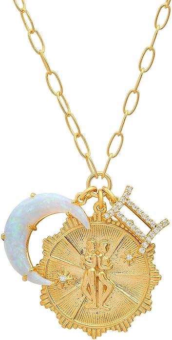 Gold Zodiac Sign Embossed Coin Opal Crescent Moon Charm Necklace for Women Trendy 18K Gold Plated Retro Paperclip Chain 12 Constellation Horoscope Necklaces Astrology Jewelry Gifts