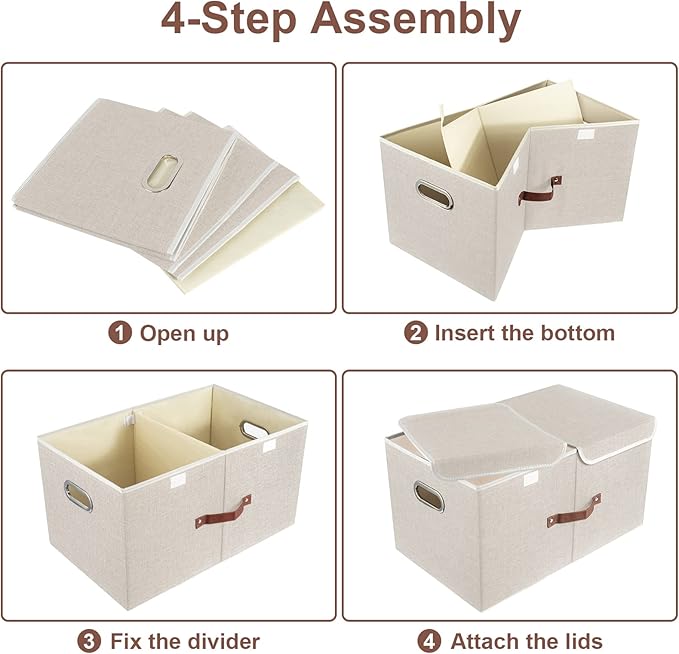TYEERS Extra Large Collapsible Storage Bins with Lids and Compartments, Washable, Fabric Storage Boxes, 21.7x13x11.8 inches, 2 Pack, Beige