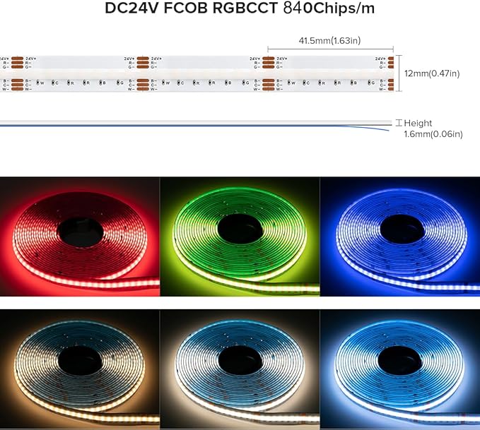 COB RGBCCT LED Strip Lights 9.8FT RGB + Tunable White 3000K-6000K, 24V Flexible High Density Strips 840LEDs/m, Cuttable 12mm Width Tape Light for Bedroom Kitchen Cabinet (No Power/Controller)