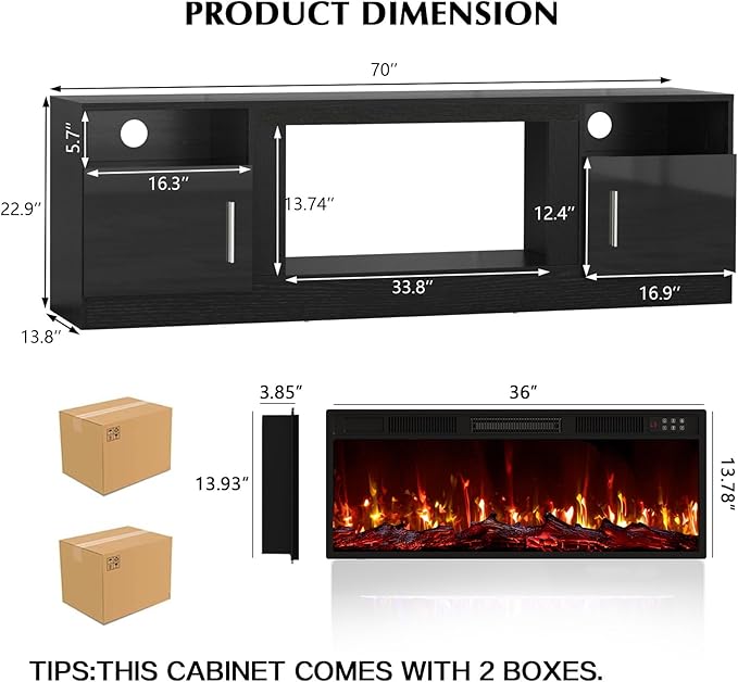 Lemberi Fireplace tv Stand with 36 inch Fireplace Up to 80" TVs,LED Light Entertainment Center and Storage, 70" Modern Wood Media TV Console with Highlight Cabinet for Living Room (Black)