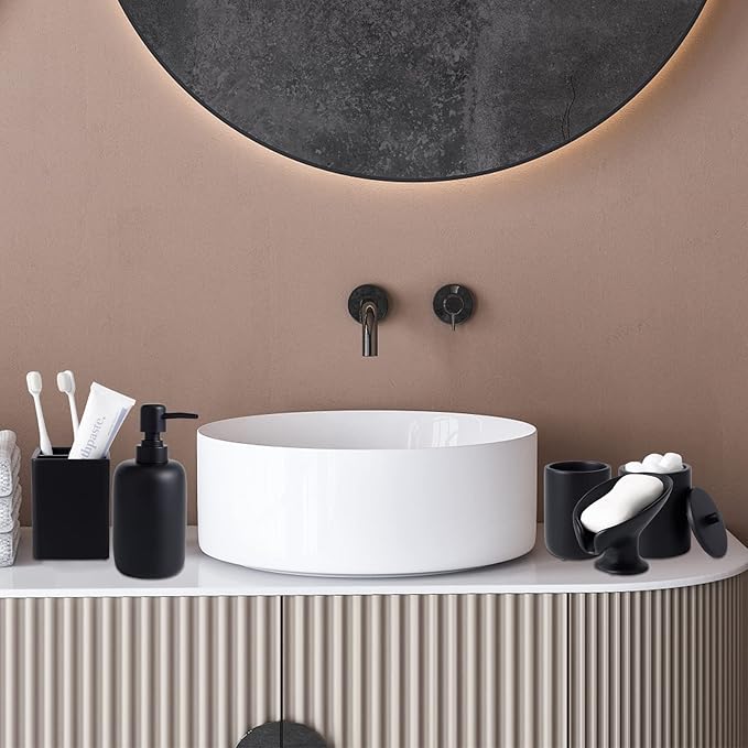 Resin Matte Black Bathroom Accessories Set of 5, Lotion Soap Dispenser, Bathroom Organizer Accessory, Toothbrush Holder, Self Draining Soap Dish and Bathroom Tumbler for Modern Home Decor