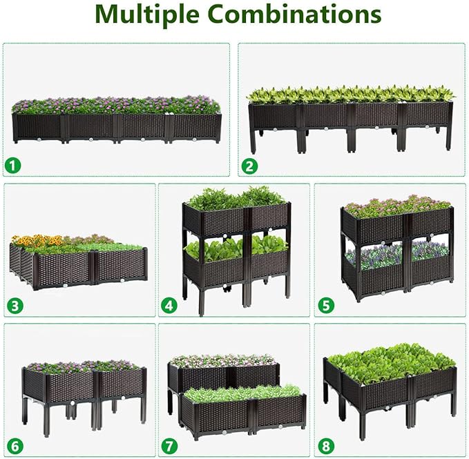 S AFSTAR Raised Garden Bed Kit, Set of 4, Elevated Planter Boxes with Self-Watering Design & Removable Legs, Outdoor Plastic Planter Box for Patio Yard Balcony Gardening, Rattan Pattern (Brown)