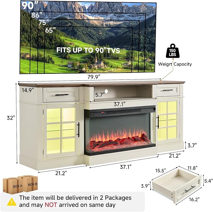 ROCKPOINT 3 Sided Glass 80" Fireplace TV Stand for TVs up to 90inch,Entertainment Center with Drawers and Glass Door Storage Cabinet,36" Electric Fireplace with LED Light and Flame Colors, White