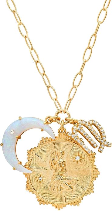 Gold Zodiac Sign Embossed Coin Opal Crescent Moon Charm Necklace for Women Trendy 18K Gold Plated Retro Paperclip Chain 12 Constellation Horoscope Necklaces Astrology Jewelry Gifts