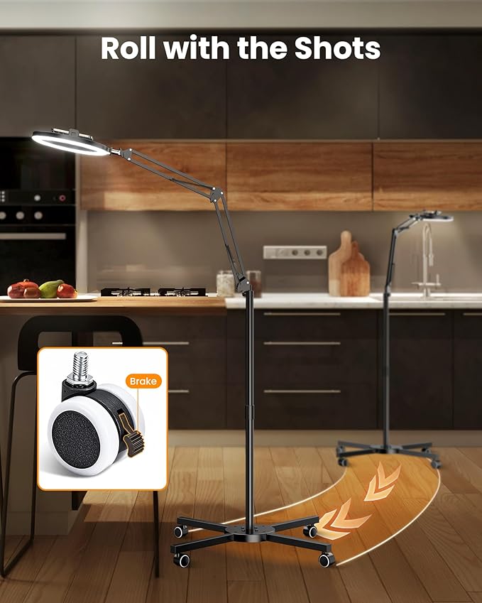 LUXSURE Ring Light Tripod for iPhone with Light,Overhead Camera Mount with Casters,Ring Light with Stand and Phone Holder for Video Recording,Phone Tripod with Light for Live Streaming/Cooking