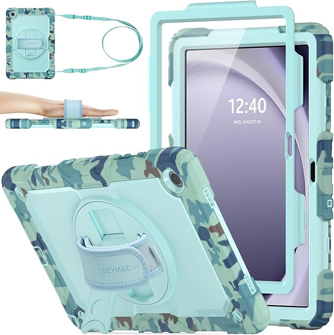 SEYMAC stock Case for Samsung Galaxy Tab A9+ Plus 11'', Full-Body Drop Protection Case with Screen Protector Pencil Holder [360° Rotating Hand Strap] &Stand, SkyBlue Camo