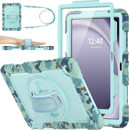 SEYMAC stock Case for Samsung Galaxy Tab A9+ Plus 11'', Full-Body Drop Protection Case with Screen Protector Pencil Holder [360° Rotating Hand Strap] &Stand, SkyBlue Camo