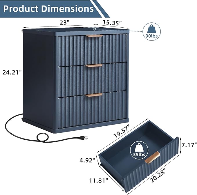 LEYAOYAO 23" Wide Fluted Farmhouse Night Stand Set of 2 with Charging Station, 3 Drawers Large End Table w/Metal Handle,Nightstand Bedside Table,Wood Dresser for Bedroom, Closet,Blue