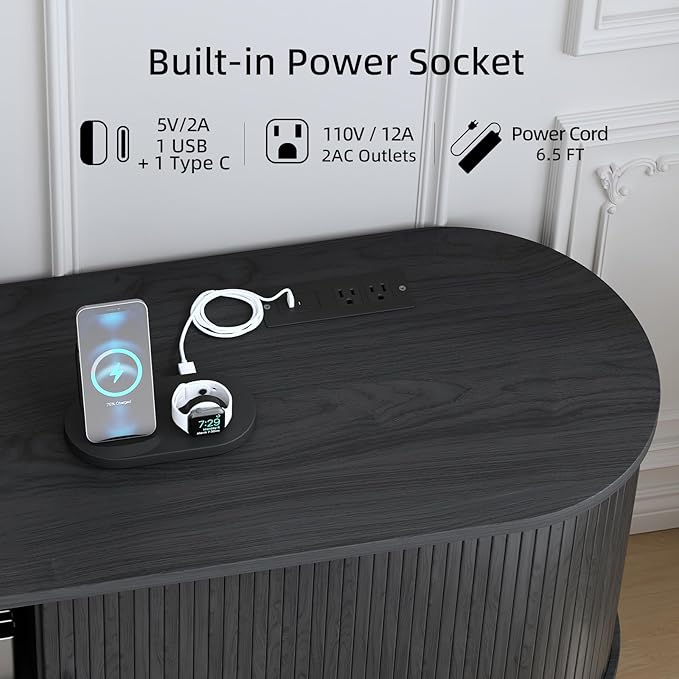 69" Mid-Century TV Stand with Power Outlet, Fluted Entertainment Center with Storage Drawer, TV Console with Sliding Door and Adjustable Shelves, TV Stand up to 80" for Living Room, Bedroom, Black