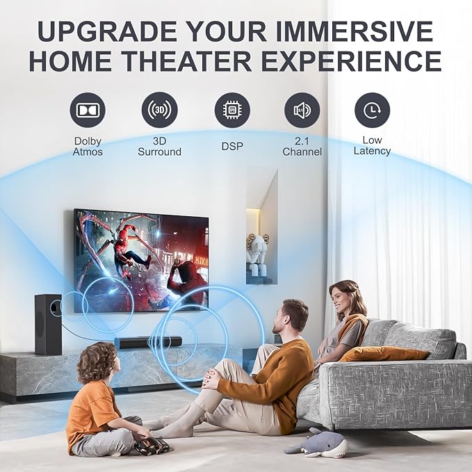 Sound Bar with Subwoofer, 2.1 Channel Sound Bar for Smart TV, 16 Inches, Bluetooth, Optical, HDMI(ARC), AUX, Coax and USB, Wall Mountable, 50 Watts